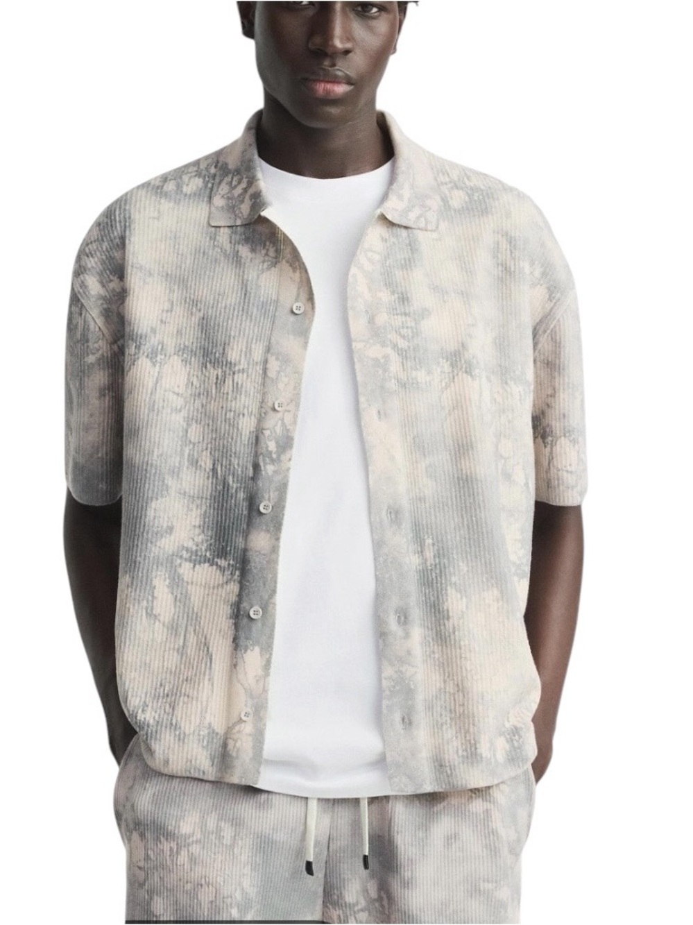 ZARA MAN Neutral Tie-Dye Abstract Print Short Sleeve Button Up Shirt Men Medium